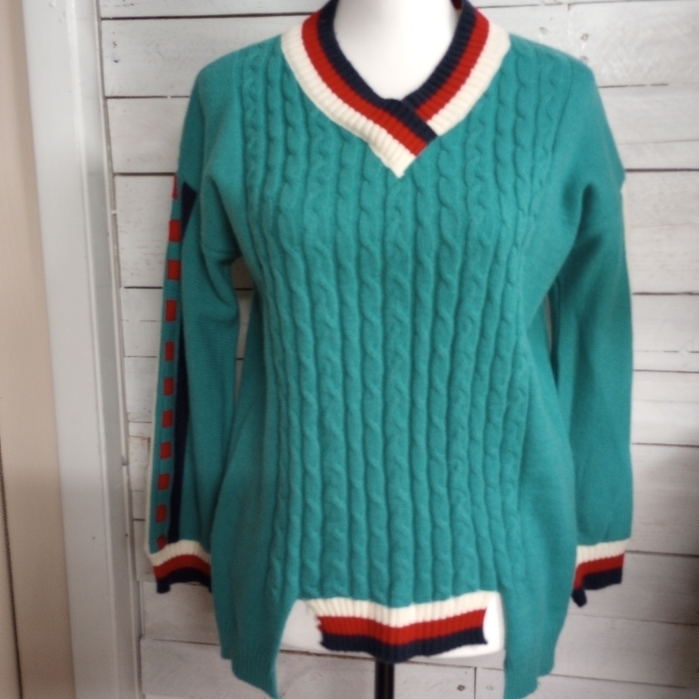 Stripe Sweater V Neck Women's Green Knit Long Sleeve Loose Casual Pullover Med